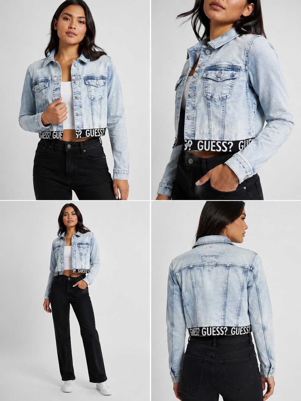 Guess Light Wash Cropped Denim Jacket with Branded Elastic Hem
